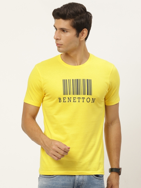 

United Colors of Benetton Men Yellow & Navy Blue Pure Cotton Brand Logo T-shirt