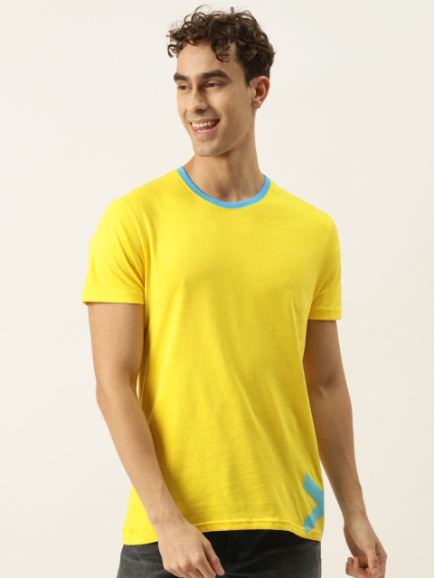 

United Colors of Benetton Men Yellow & Blue Pure Cotton Brand Logo Placement Print T-shirt