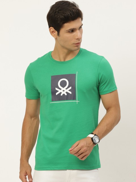 

United Colors of Benetton Men Green & Black Pure Cotton Brand Logo Printed T-shirt