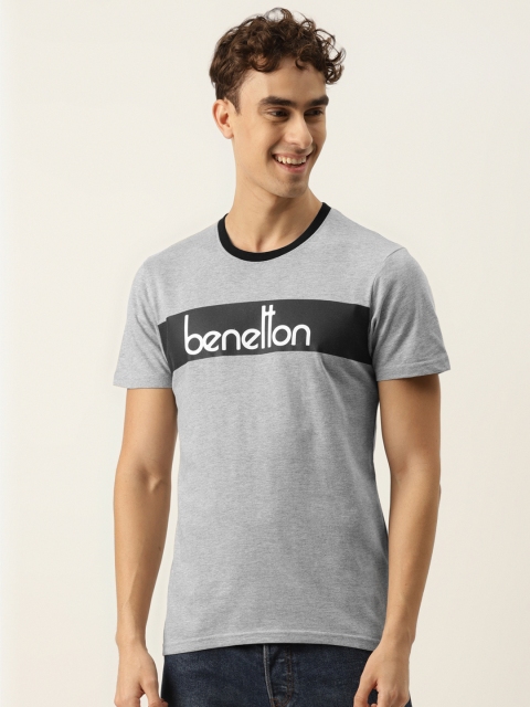 

United Colors of Benetton Men Grey Melange & Black Brand Logo Printed T-shirt