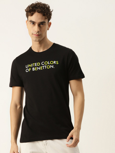 

United Colors of Benetton Men Black & Yellow Brand Logo Printed T-shirt