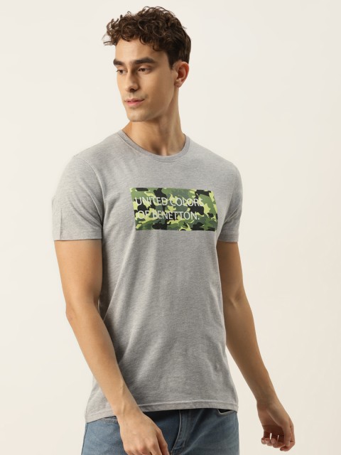 

United Colors of Benetton Men Grey Melange Brand Logo Printed Pure Cotton T-shirt