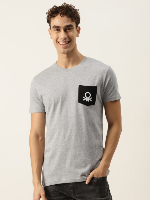 

United Colors of Benetton Men Grey Melange Brand Logo Printed Pocket Detailing T-shirt