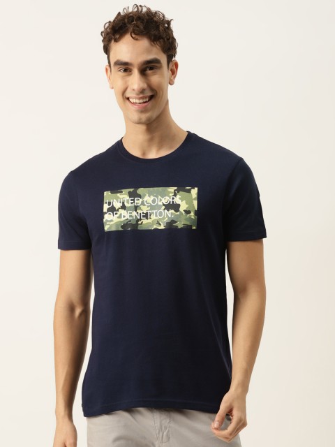 

United Colors of Benetton Men Navy Blue Brand Logo Printed Pure Cotton T-shirt