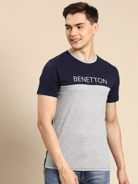 

United Colors of Benetton Men Grey & Navy Blue Cotton Brand Logo Colourblocked T-shirt, Grey melange
