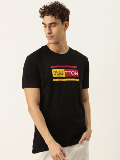 

United Colors of Benetton Men Black Typography Printed Pure Cotton T-shirt