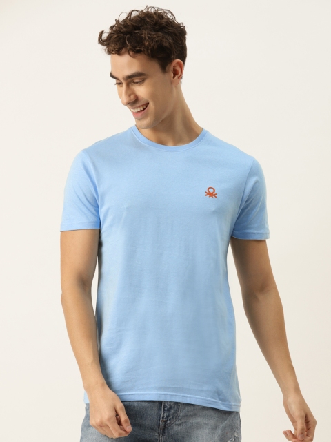

United Colors of Benetton Men Blue Brand Logo Pure Cotton T-shirt