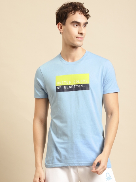 

United Colors of Benetton Men Blue Yellow Brand Logo Printed Pure Cotton T-shirt