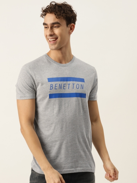 

United Colors of Benetton Men Grey Melange & Blue Brand Logo Printed T-shirt