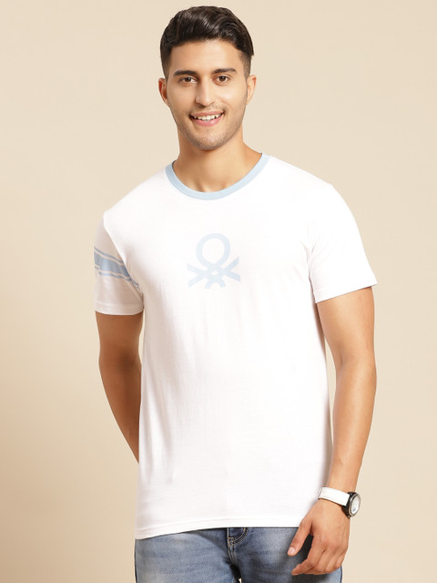 

United Colors of Benetton Men White & Blue Brand Logo Printed Cotton T-shirt