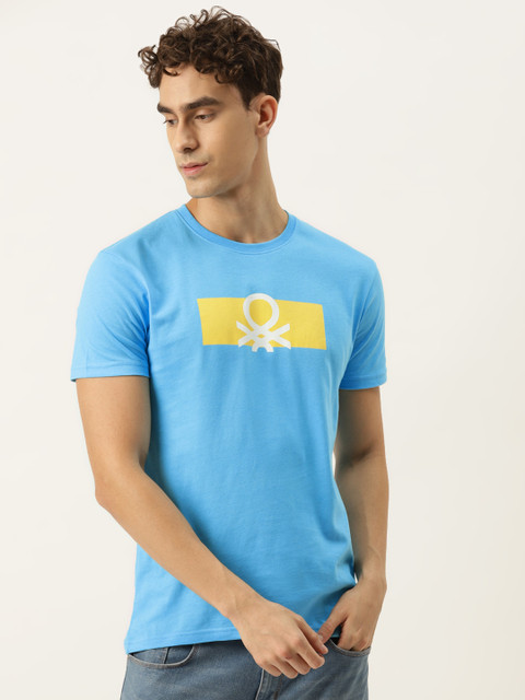 

United Colors of Benetton Men Blue Yellow Pure Cotton Brand Logo Printed Pure Cotton T-shirt