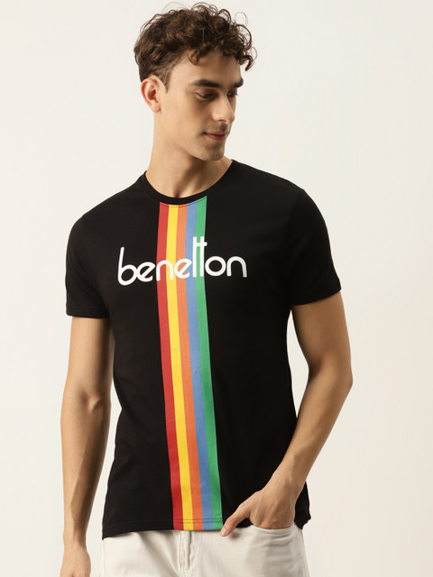 

United Colors of Benetton Men Black & White Pure Cotton Brand Logo Printed T-shirt