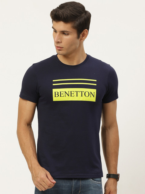 

United Colors of Benetton Men Navy Pure Cotton Brand Logo Printed Pure Cotton T-shirt, Navy blue
