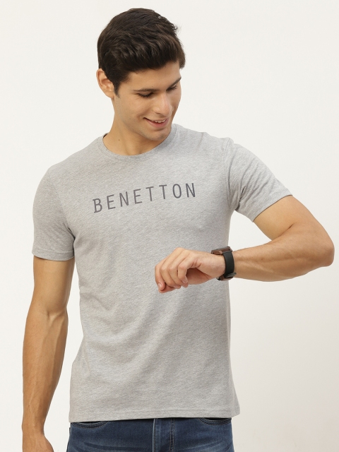 

United Colors of Benetton Men Grey Melange & Black Brand Logo Printed T-shirt