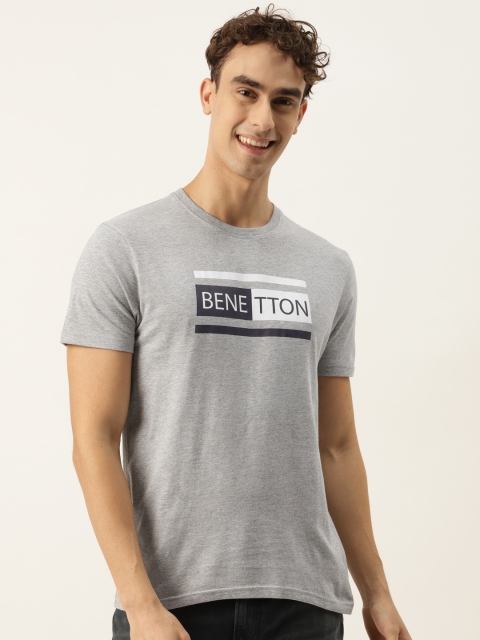 

United Colors of Benetton Men Grey Melange Brand Logo Printed T-shirt