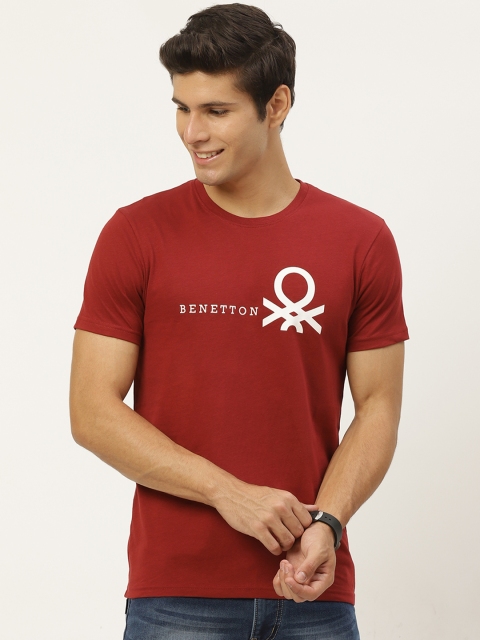 

United Colors of Benetton Men Maroon & White Pure Cotton Brand Logo Printed T-shirt