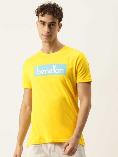 

United Colors of Benetton Men Yellow & Blue Pure Cotton Brand Logo Printed T-shirt