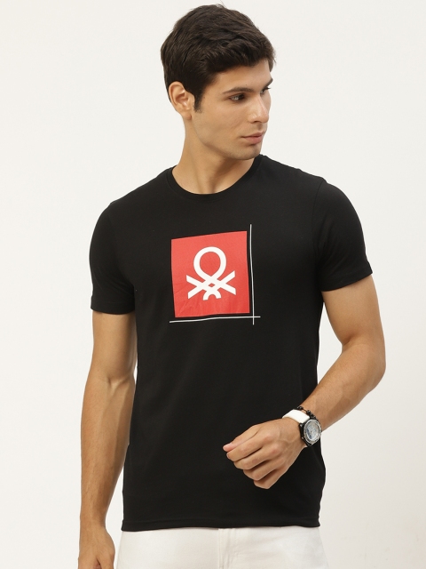 

United Colors of Benetton Men Black & Orange Pure Cotton Brand Logo Printed T-shirt