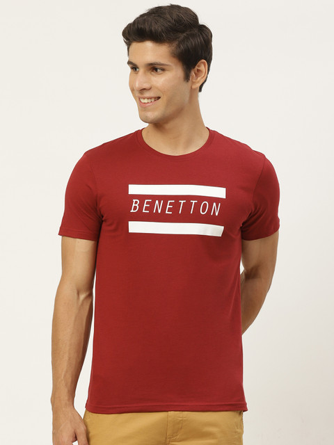 

United Colors of Benetton Men Maroon & White Pure Cotton Brand Logo Printed T-shirt