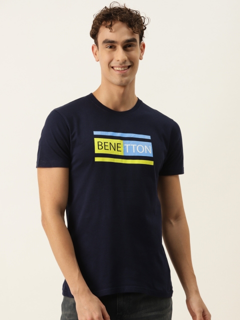 

United Colors of Benetton Men Navy Blue & Yellow Pure Cotton Brand Logo Printed T-shirt