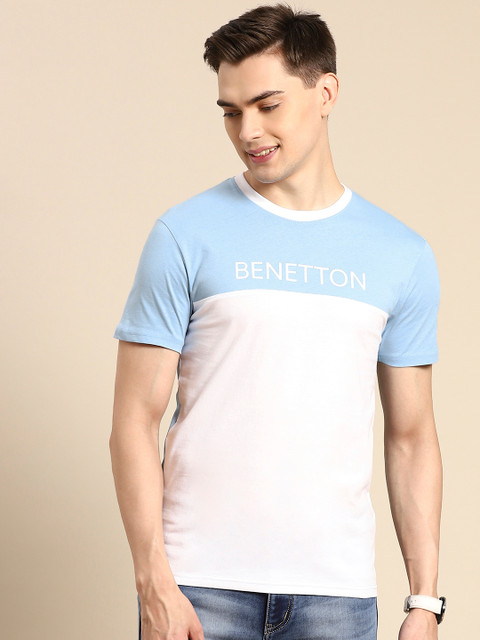

United Colors of Benetton Men White & Blue Cotton Brand Logo Colourblocked T-shirt