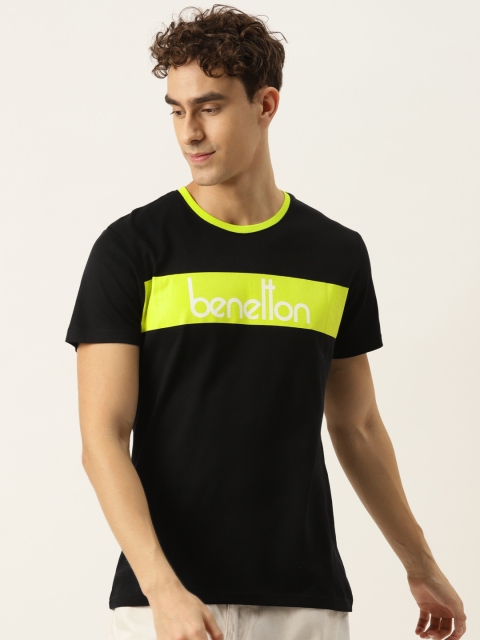 

United Colors of Benetton Men Black & Green Pure Cotton Brand Logo Printed T-shirt