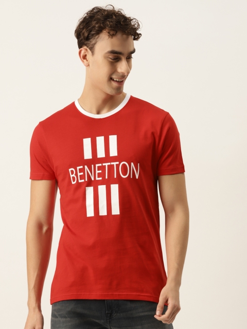 

United Colors of Benetton Men Red & White Pure Cotton Brand Logo Printed T-shirt