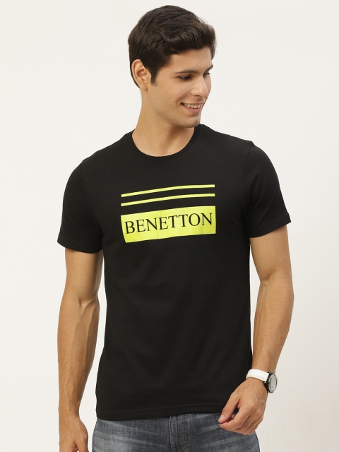 

United Colors of Benetton Men Black & Yellow Pure Cotton Brand Logo Printed T-shirt
