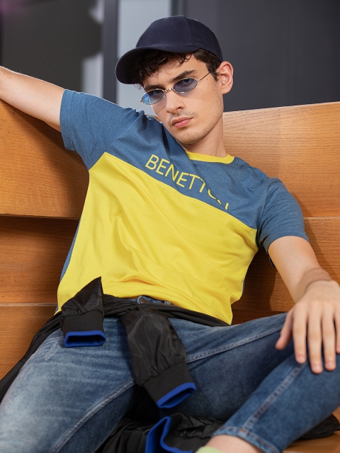 

United Colors of Benetton Men Yellow & Blue Cotton Brand Logo Colourblocked T-shirt