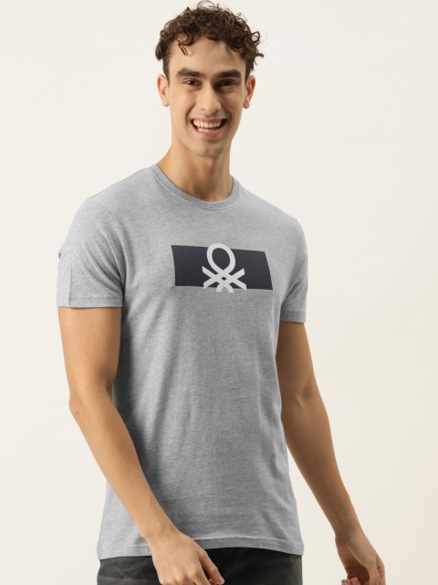 

United Colors of Benetton Men Grey Melange & Navy Blue Brand Logo Printed T-shirt