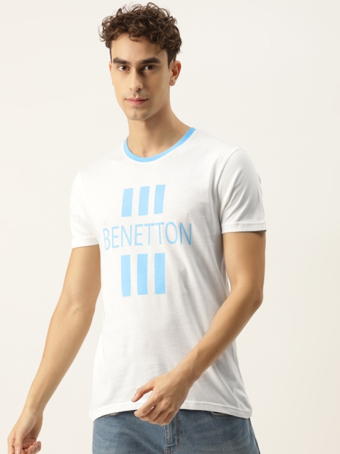 

United Colors of Benetton Men White & Blue Brand Logo Printed T-shirt