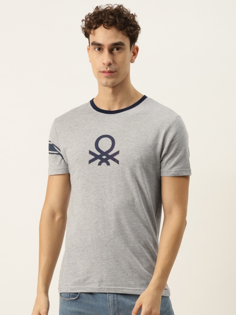 

United Colors of Benetton Men Grey Melange & Navy Blue Brand Logo Printed T-shirt