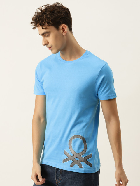 

United Colors of Benetton Men Blue Brand Logo Printed T-shirt