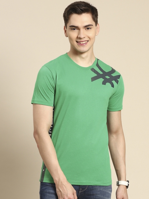 

United Colors of Benetton Men Green Navy Blue Brand Logo Printed Pure Cotton T-shirt