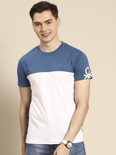 

United Colors of Benetton Men White & Blue Cotton Colourblocked T-shirt