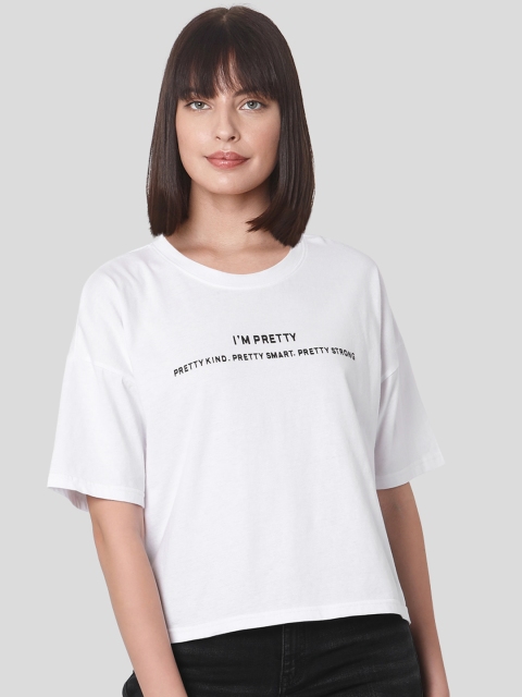 

Vero Moda Women White Typography Printed Drop-Shoulder Sleeves T-shirt