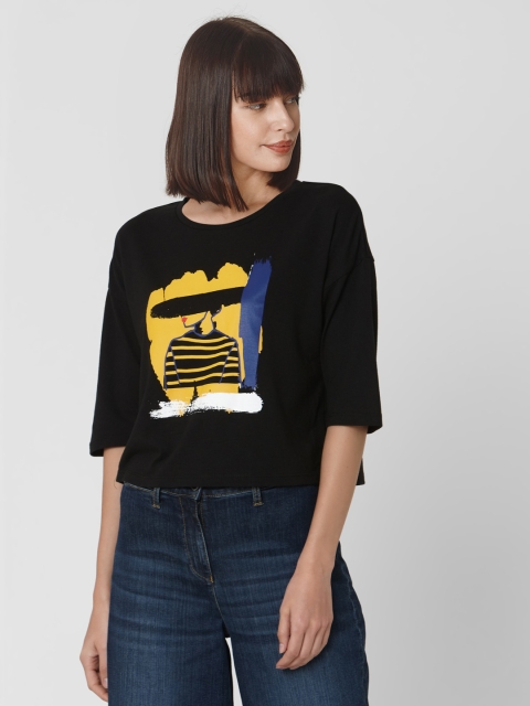 

Vero Moda Women Black & Mustard Yellow Printed Drop-Shoulder Sleeves T-shirt