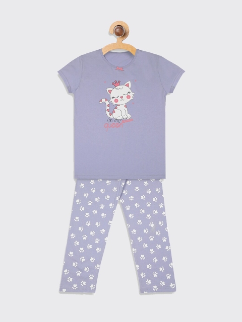 

Kanvin Girls Violet & White Printed Cotton Night Suit