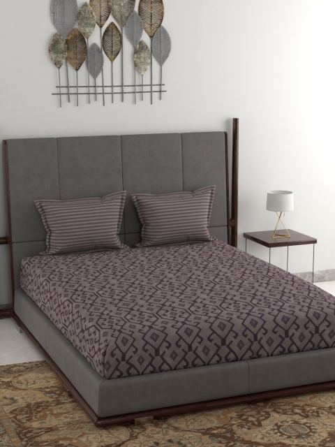 

Trident Taupe & Purple Geometric 120 TC Cotton 1 Queen Bedsheet with 2 Pillow Covers