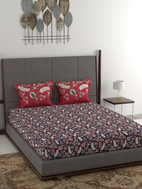 

Trident Navy Blue & Red Floral 120 TC Cotton 1 Queen Bedsheet with 2 Pillow Covers