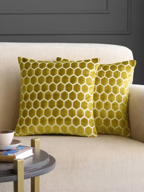 

GMF Set of 2 Yellow & White Velvet Geometric Square Cushion Covers