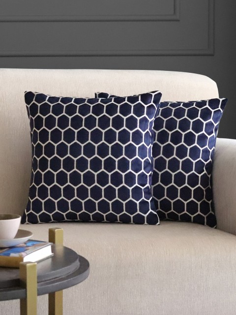 

GM Navy Blue & White Set of 2 Geometric Velvet Square Cushion Covers