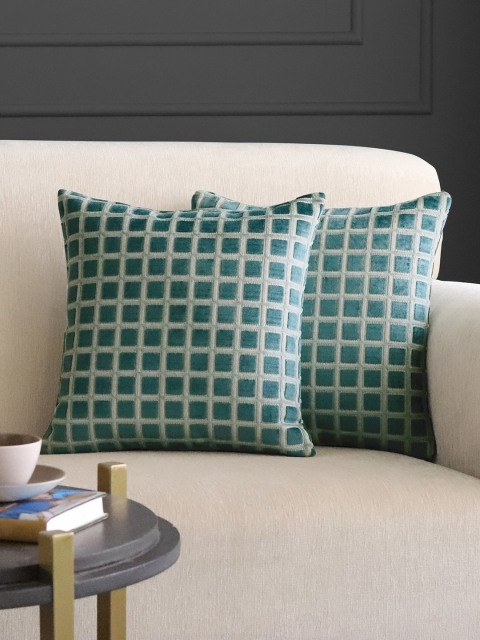 

GM Set of 2 Green & Cream-Coloured Velvet Checked Square Cushion Covers