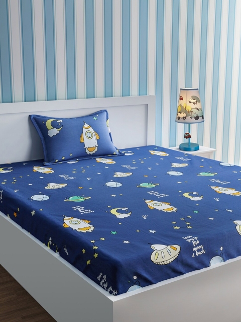 

URBAN DREAM Blue & White Conversational 210 TC Cotton 1 Single Bedsheet & 1 Pillow Cover