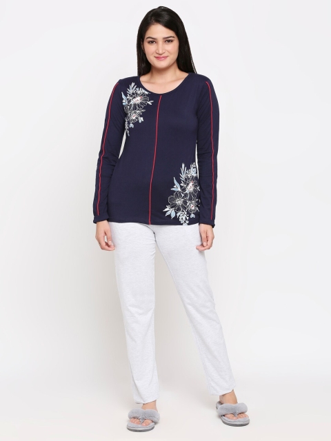 

XIN Women Navy Blue & Grey Melange Printed Night Suit