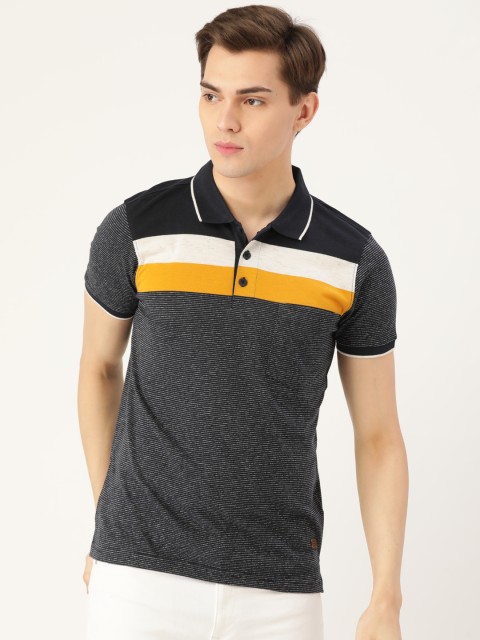 

Sweet Dreams Men Navy Blue & Mustard Yellow Striped Athleisure T-shirt