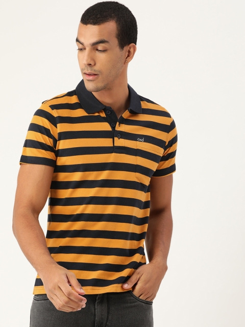 

Sweet Dreams Men Navy Blue & Mustard Yellow Striped Polo Collar Athleisure T-shirt