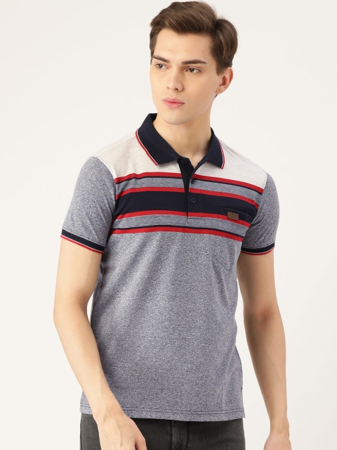 

Sweet Dreams Men Grey Melange & Navy Blue Striped Polo Collar Athleisure T-shirt