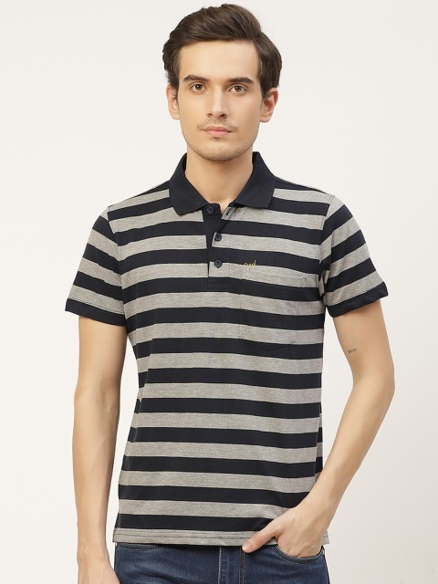 

Sweet Dreams Men Grey Melange & Black Striped Polo Collar T-shirt