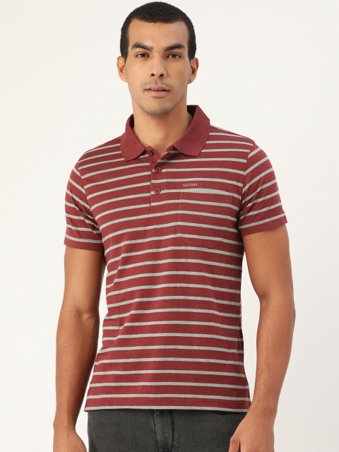 

Sweet Dreams Men Maroon & Grey Melange Striped Polo Collar Athleisure T-shirt